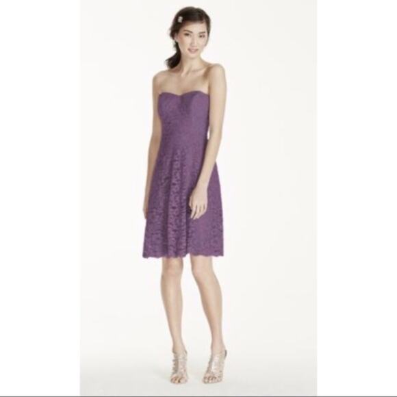 David's Bridal Dark Purple Strapless Lace Dress - Picture 1 of 14